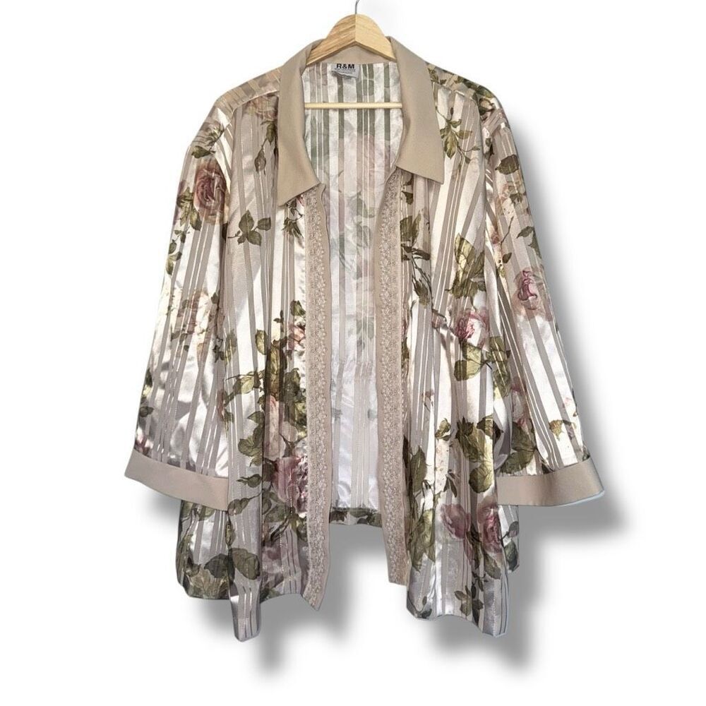 R&M Richards Vintage Women's Sheer Floral Jacket Open Front Size XL